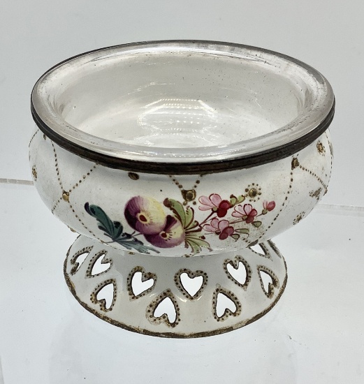 Antique Hand Painted Enameled Battersea Master Salt - Rare Piece W/ Hand Bl