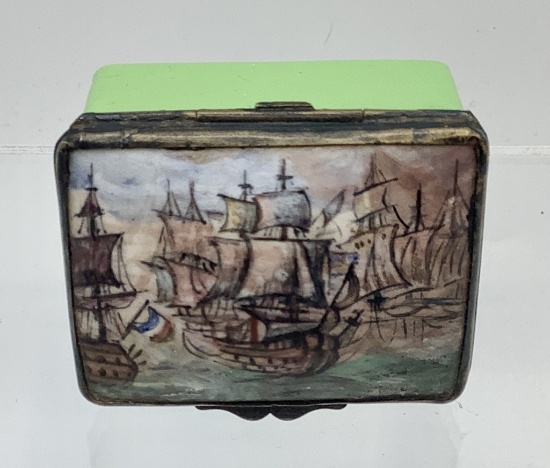 Antique English Battersea Snuff/Trinket Box W/ Hand Painted & Enameled Hing