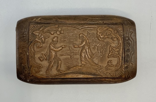 Antique Burled & Intricately Carved Wooden Snuff Box W/ Hinged Lid - Scenes