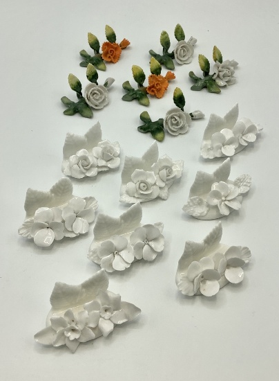 Set Of 8 Vintage Porcelain Place Card Holders;     Set Of 6 Vintage Porcela