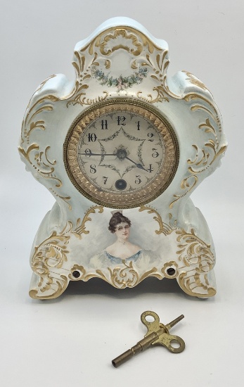 Antique Porcelain Clock In Royal Bonn Case - 7"x10", W/ Key, Working Condit