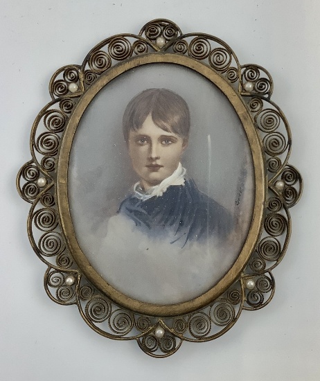 Nice Antique Miniature Hand Painted Portrait In Bronze & Pearl Frame - Sign