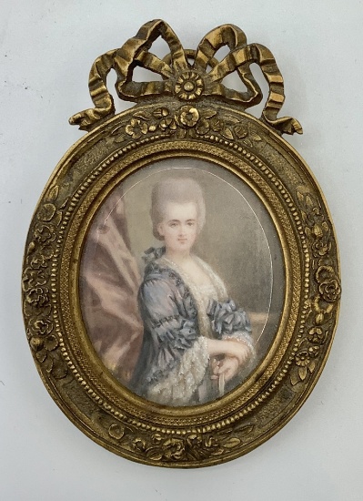 Nice Antique Miniature Hand Painted Portrait In Bronze Frame - 2¾"x3¾"