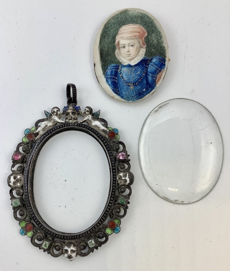 Antique French Enameled Miniature Painting - Circa 1700s, Set In Filigreed