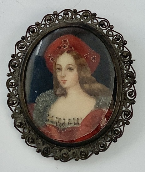 Antique Miniature French Hand Painted Portrait Brooch W/ Filigreed Frame -