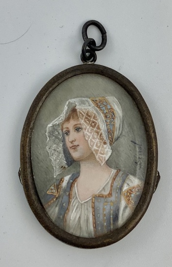 Antique Miniature French Hand Painted Portrait Set In Pendant - Circa Late