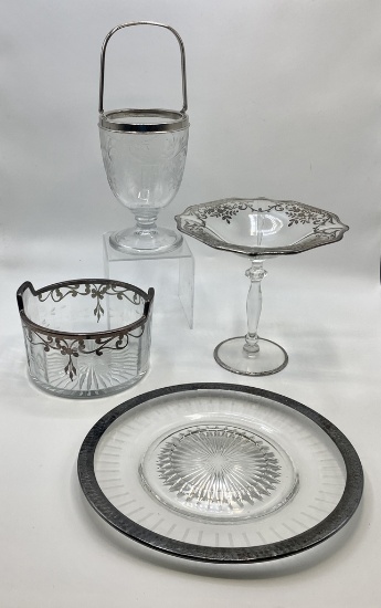 Small Silverplated & Etched Glass Ice Bucket - 11";     Sterling Overlay Ic