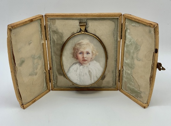 Antique English Hand Painted Portrait In Oval Brass Frame W/ Original Leath