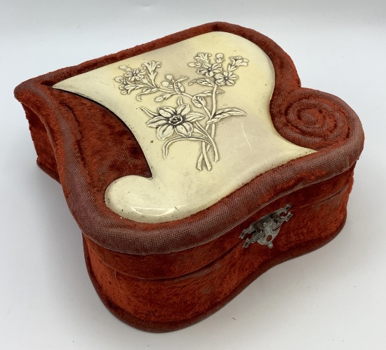 Antique Velvet & Celluloid Dresser Box - Velvet Is Aged-Worn, 7"
