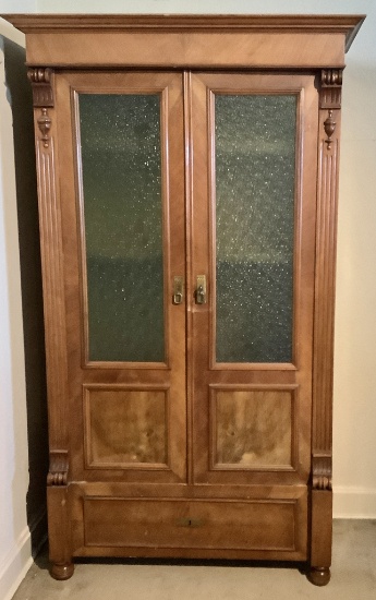 Antique Early 1900s Austrian Cabinet W/ Drawer - Green Glass Front Panels -
