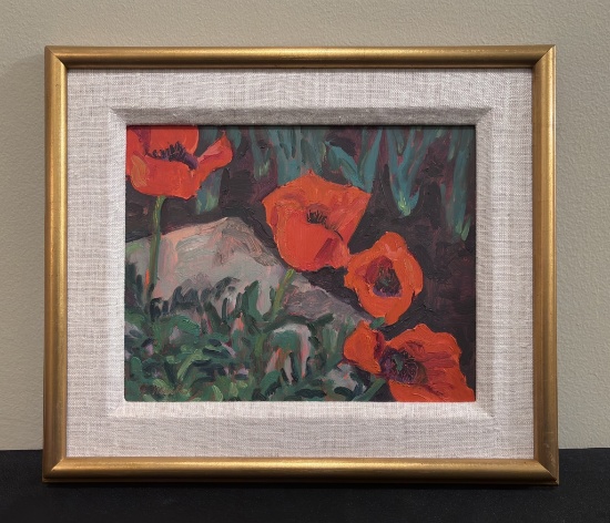 J. Mull Oil On Board - Poppies, Signed Lower Left, Framed, 12"x14"