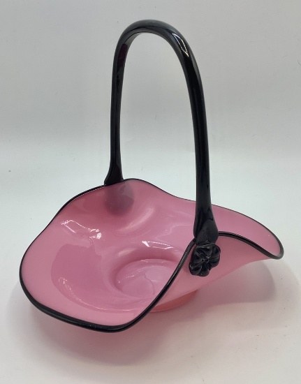 Pink & Black Basket - Fenton?, Circa 1920s. 8"x7¼"