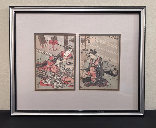 Katsukawa Wood Block Dyptich - Signed, In Frame W/ Glass, 16½"x20½"