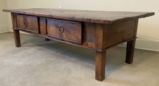Antique Wooden French Primitive Low Table W/ 2 Drawers - Rustic Condition,