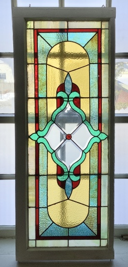 Antique Stained Glass Window W/ Original Wooden Frame - 19"x48", Minor Hair