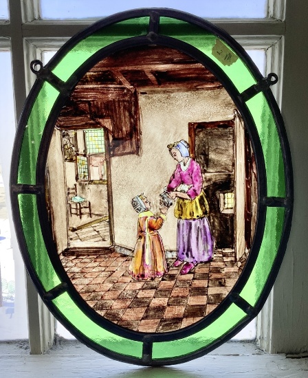 Small Oval Antique Hand Painted & Stained Glass Panel - 9½"x12½"