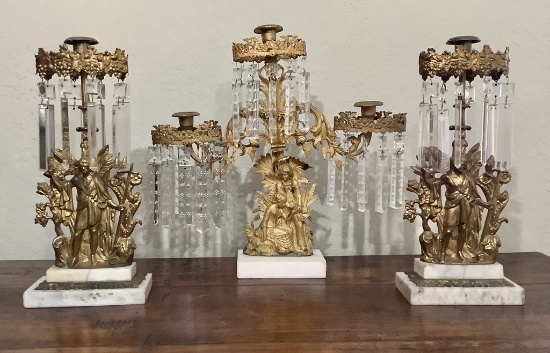 Antique Victorian 3-arm Brass Girandole - 17"x18";     Pair Victorian Singl