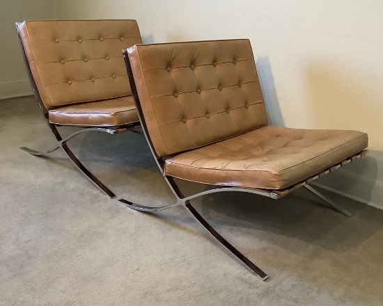 Pair Vintage Mid-Century Barcelona Style Leather & Chrome Lounge Chairs - B