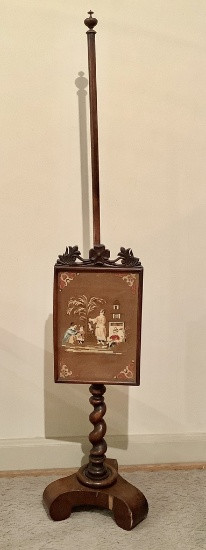 Antique Regency Mahogany Pole Screen W/ Needlework Panel On Turned Supports