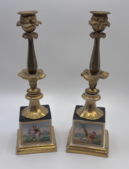 Pair Antique Old Paris France Hand Painted Candlesticks W/ Bronze Tops & Cu