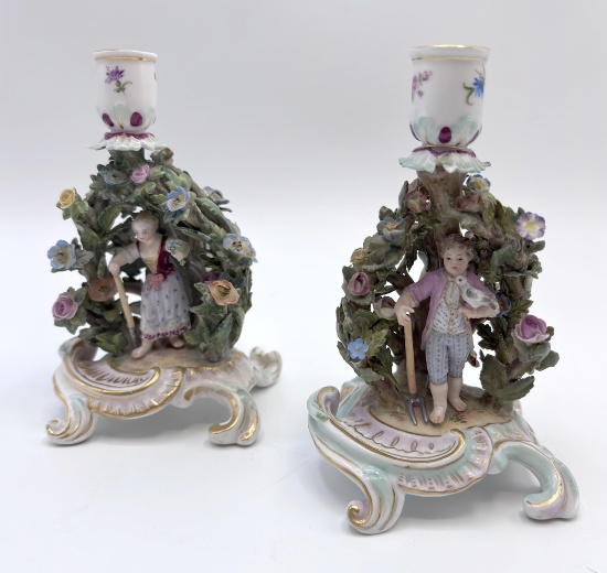 Pair Antique Meissen Figural Candlesticks - Circa 1800s, 5½"x3¾", Extremely