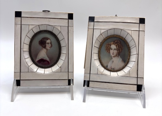Pair Vintage Hand Painted Portraits - Signed, In Frames, 5"x4", Some Damage