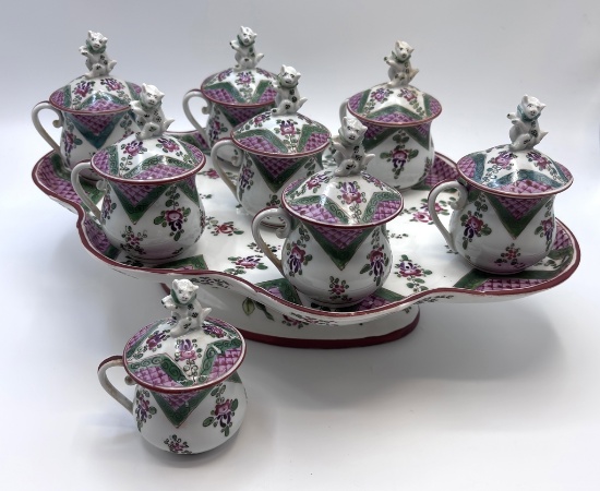Complete Set Vintage French Porcelain Pots De Crème - 8 Pots W/ Lids & Serv