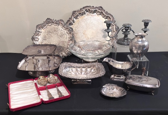11 Silverplated Serving Pieces - Large Platter Is 16"