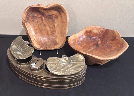 2 Large Treenware Bowls - By Ron & Christine Sisco, 11";     Copper & Brass