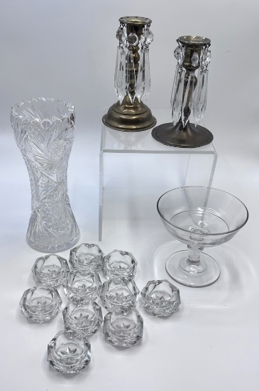 Estate Lot - Includes: 8" Cut Glass Vase, Pair Candlesticks, Compote, 10 Cr