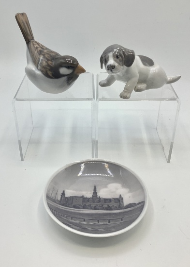 3 Royal Copenhagen Pieces - Bird, Dog & Small Dish