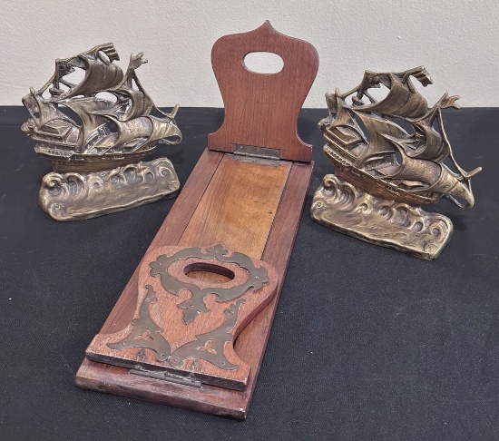 Pair Vintage Ship Bookends;     Nouveau Wood & Brass Book Holders - 15"