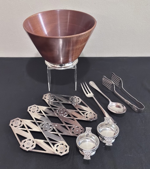 Very Nice Mahogany & Silver Salad Bowl - W/ Spoon & Fork & Misc.