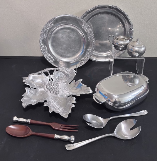 Estate Lot - Metalware Includes: Aluminum, Pewter Etc., Leaf Dish Is 13½"x1