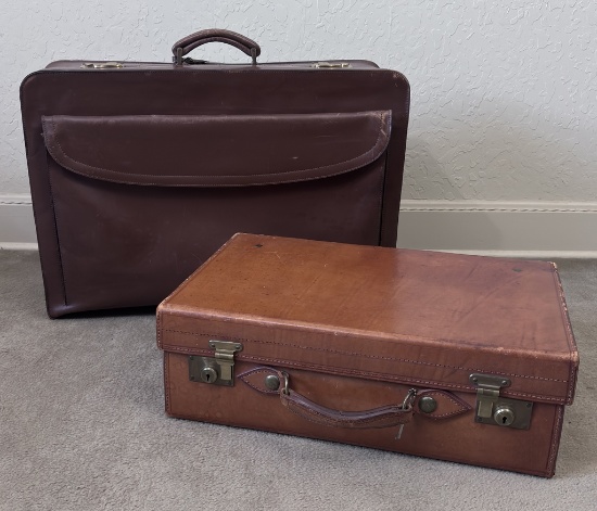 2 Vintage Leather Suitcases - Largest Is 19"x25"
