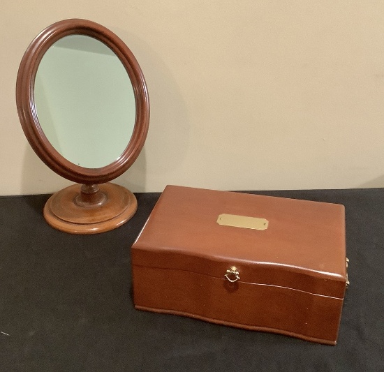 Antique Tabletop Dressing Mirror - 9"x15";     Wooden Box W/ Hinged Lid - 1