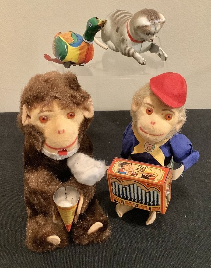 2 Vintage Monkey Toys;     2 Metal Wind-Up Toys