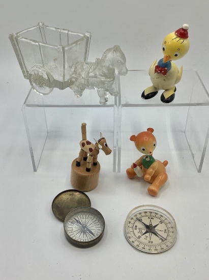 Vintage Glass Candy Container - Donkey W/ Cart;     2 Small Compasses;