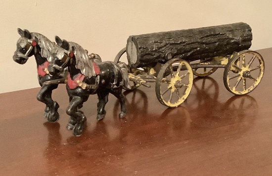Antique Iron Toy - 2 Horses & Log, Hubley, Missing Driver, 15"x5"