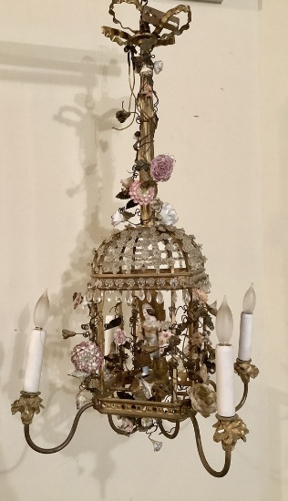 Very Nice French Louis XV Bronze Birdcage Porcelain Flower & Figural Crysta
