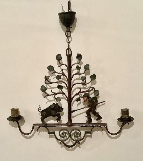 Vintage Folk Art Figural Ceiling Fixture - Hunter & Boar, 27"x26"