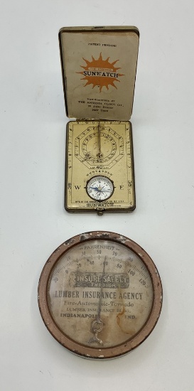 Vintage Sun Watch/Compass;     Old Metal & Tin Advertising Thermometer - Lu