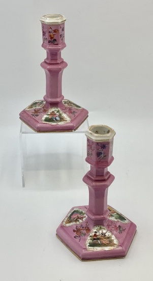 Pair Small Berlin Porcelain Hand Painted Candlesticks - 5¼"