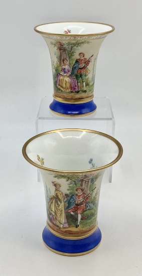 Pair Dresden Saxony Porcelain Vases - Hand Painted W/ Gold Trim, 4"