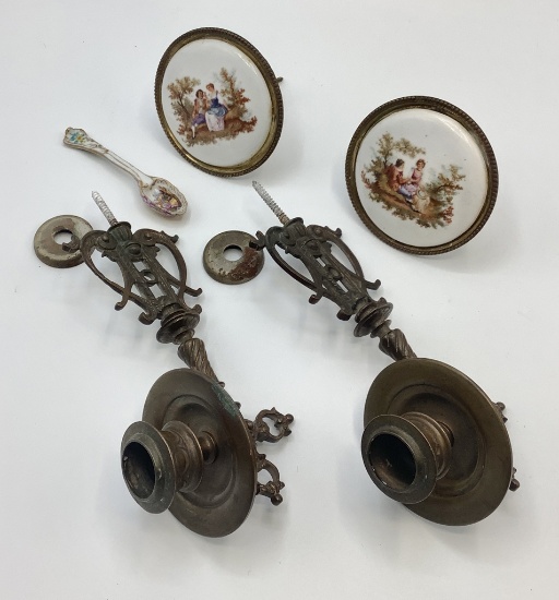 Pair French Bronze Wall Candle Sconces - 8";     Pair French Bronze & Porce