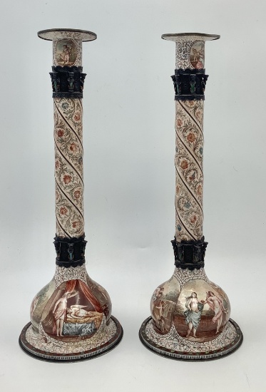 Pair Enameled & 900 Silver Austrian Candlesticks - Hallmarked W/ " A " & "