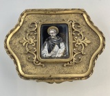 Antique Bronze & Enameled Box W/ Hinged Lid & Religious Portrait In Top - 3