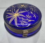Antique Cobalt Blue Glass Hand Painted Enameled Snuff/Trinket Box - Circa 1