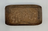 Antique Burled & Intricately Carved Wooden Snuff Box W/ Hinged Lid - Scenes