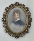 Nice Antique Miniature Hand Painted Portrait In Bronze & Pearl Frame - Sign